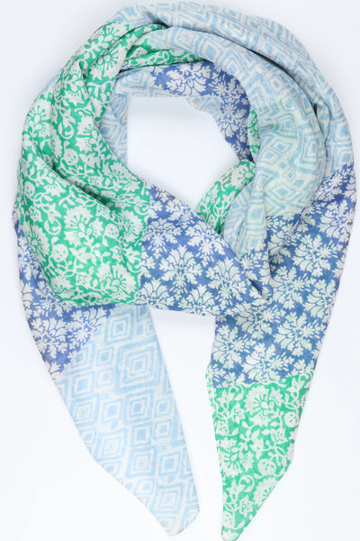 Mixed Floral Diamond Print Cotton Scarf in Blue and Green