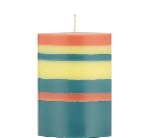 Striped Pillar Candle - Jasmine, Rust and Petrol Blue