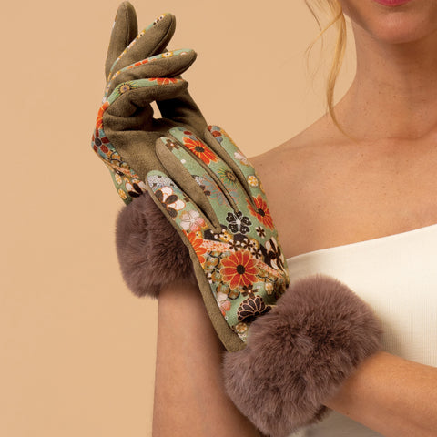 Fur Trimmed Gloves - Olive and Coral