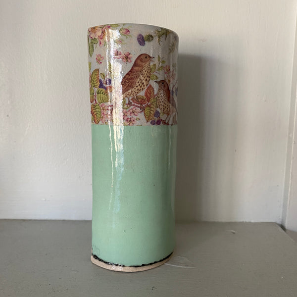 Medium Green Bud Vase with birds  By Virginia Graham