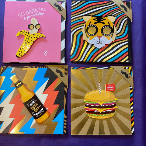 Birthday Cards - 3D Tiger, bananas, Beer and Burger