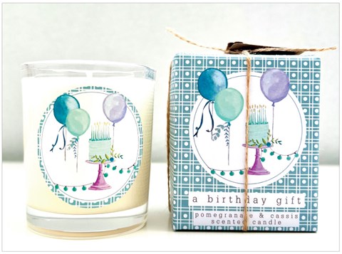 a birthday gift - cake balloons, pomegranate & cassis scented candle