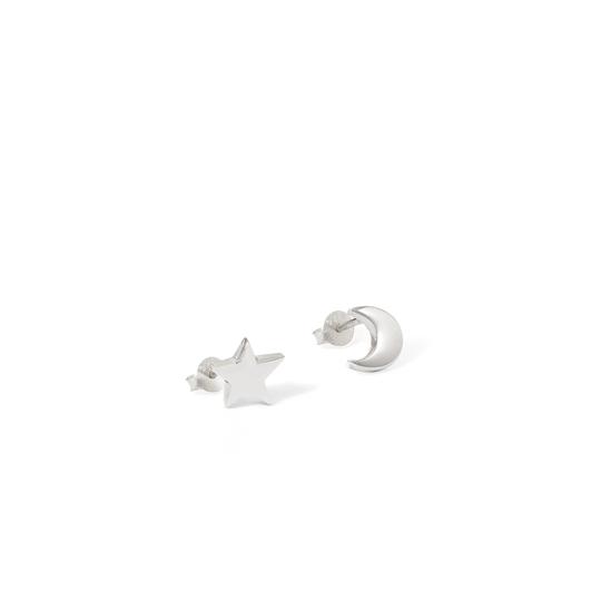 Moon and Stars Stud Earrings Silver